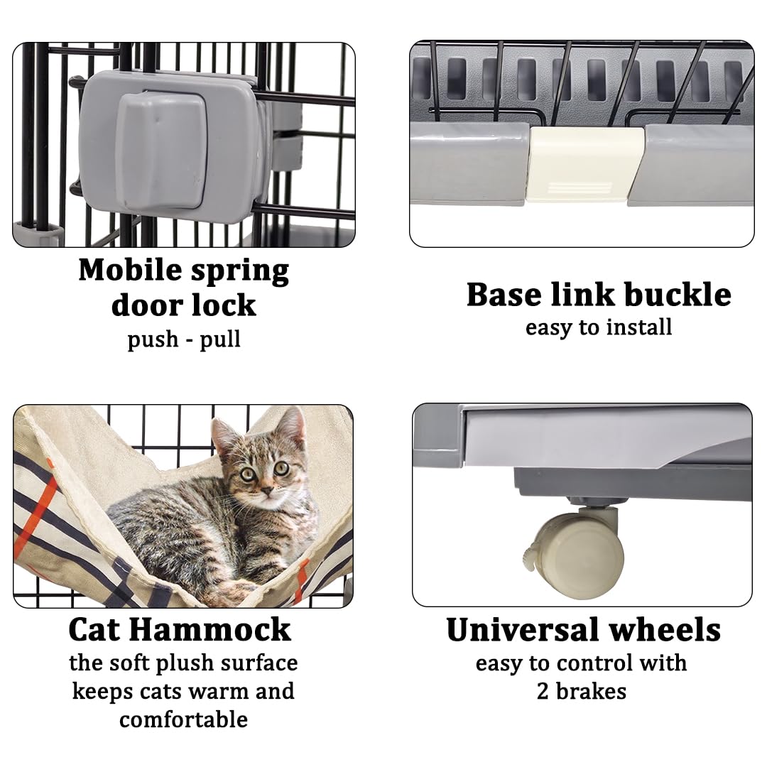 Cat cage playpen for Multi-cat households, 2-layer metal wire cat cage with Durable hammock, climbing ladder, Slide-out tray, and Universal wheels, Suitable for indoor/outdoor 121 cm (Grey)
