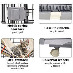 Cat cage playpen for Multi-cat households, 2-layer metal wire cat cage with Durable hammock, climbing ladder, Slide-out tray, and Universal wheels, Suitable for indoor/outdoor 121 cm (Grey)