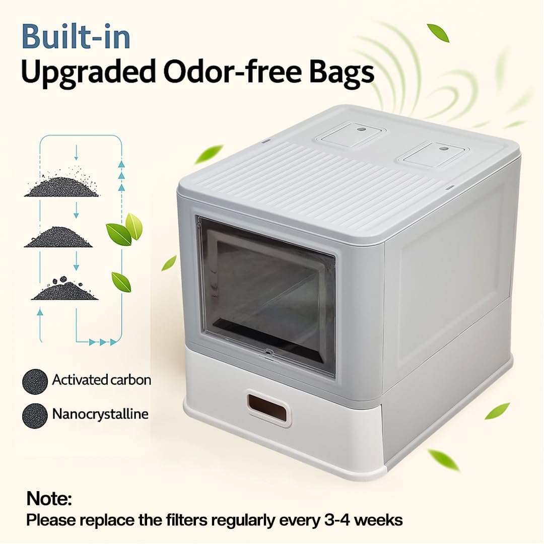 Enclosed stainless steel cat litter box with Lid, Drawer design, Litter scoop, Durable PS material, and Odor control filter, Ideal for Small to Large cats, Easy to clean, 50 cm