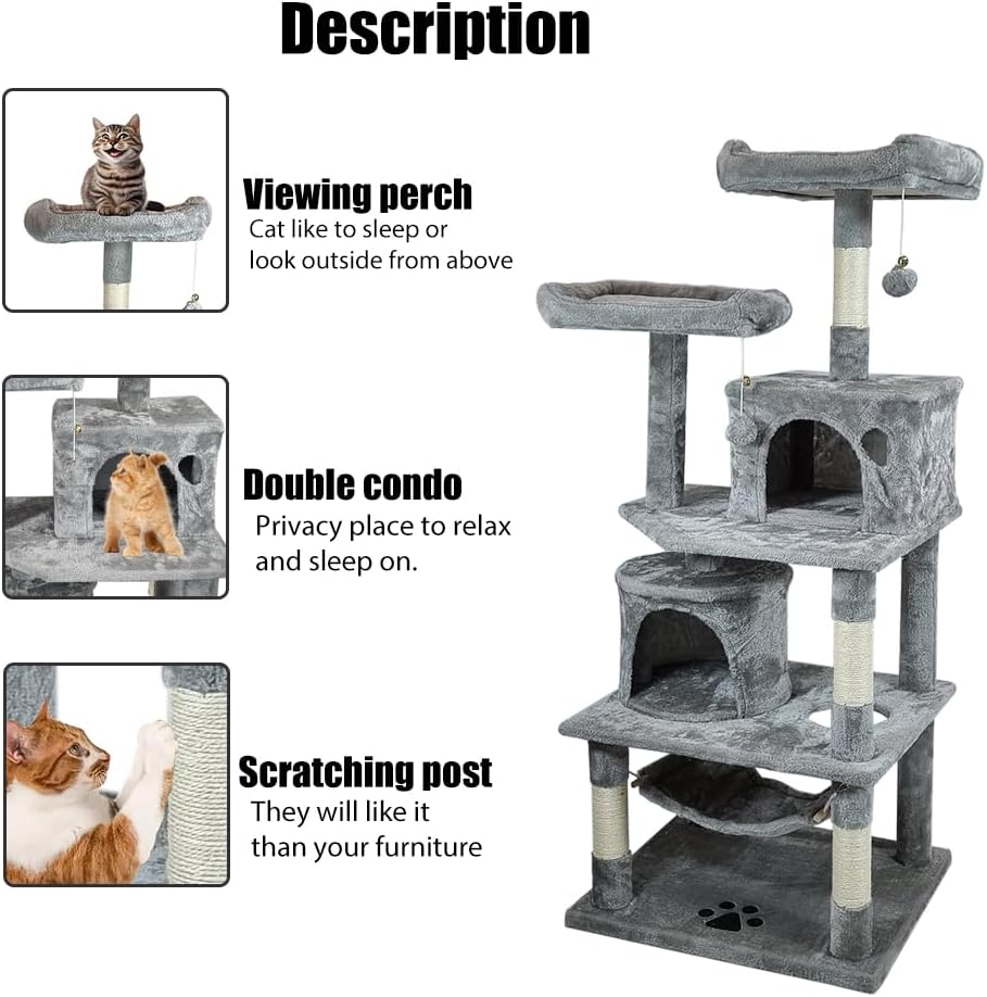 Cat tree tower with Multiple perches, Dangling balls, Sisal scratching post, Spacious cat condos, and Cozy hammock, Multi-level cat tree activity center for indoor cats, Easy assembly 143 cm (Grey)