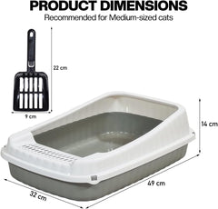 Semi-enclosed Cat litter box for Medium-sized cats, Odor control plastic cat toilet with Litter scoop, Grid design, Lightweight, and Raised fence, Detachable for easy cleaning, 49 cm