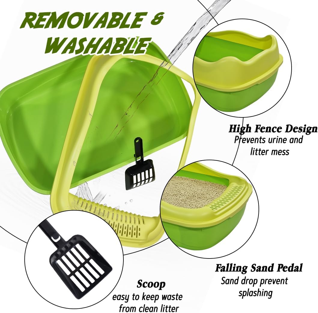 Anti-splash cat litter box with Enclosed design, Easy to clean, Durable plastic material and Removable, Cat Litter Pan with Scoop, Portable, Large size, High fence, and All size cats