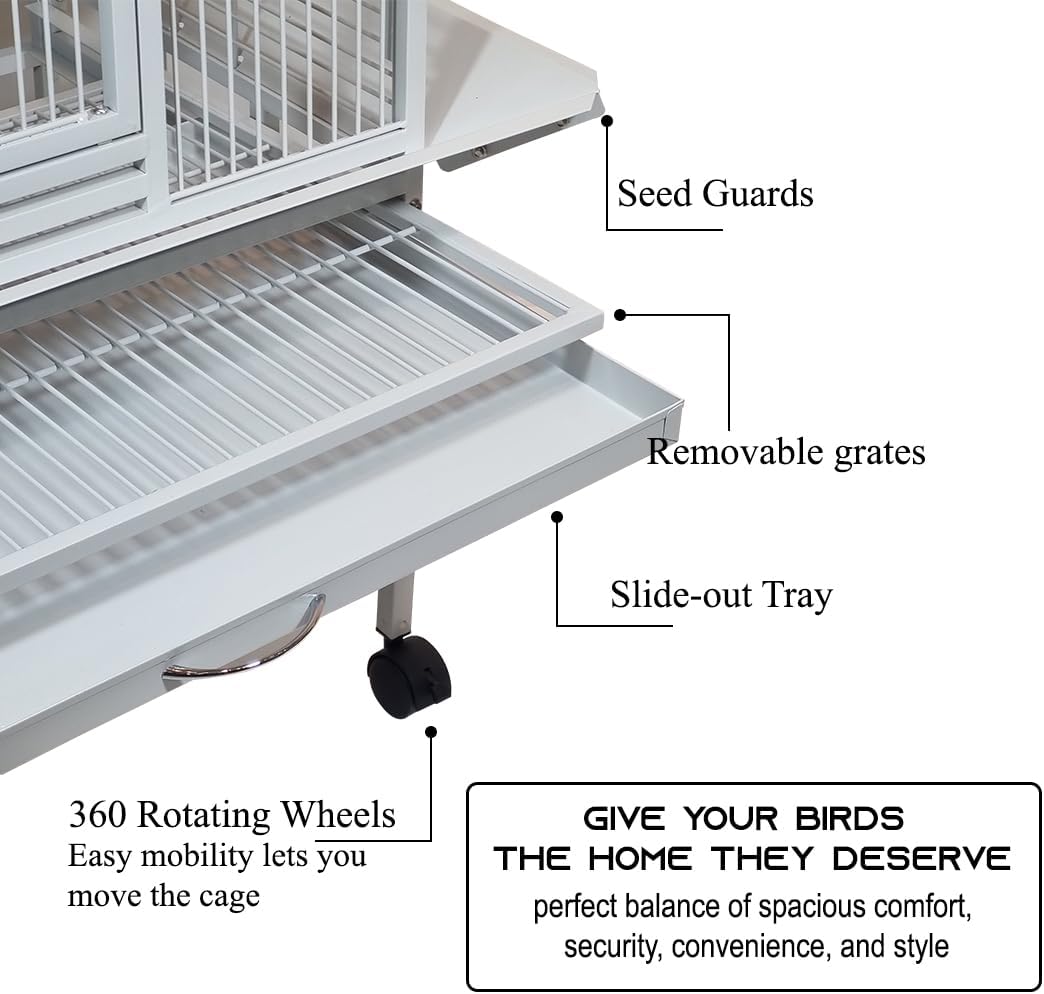 Large parrot cage with Stand, Indoor-Outdoor use, Open play top, Easy-clean tray, Food bowls & Storage shelf, 163 Bird cage with Wheels, Wooden perches, Durable and Metal wire bird cage (White)