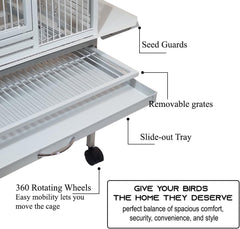 Large parrot cage with Stand, Indoor-Outdoor use, Open play top, Easy-clean tray, Food bowls & Storage shelf, 163 Bird cage with Wheels, Wooden perches, Durable and Metal wire bird cage (White)