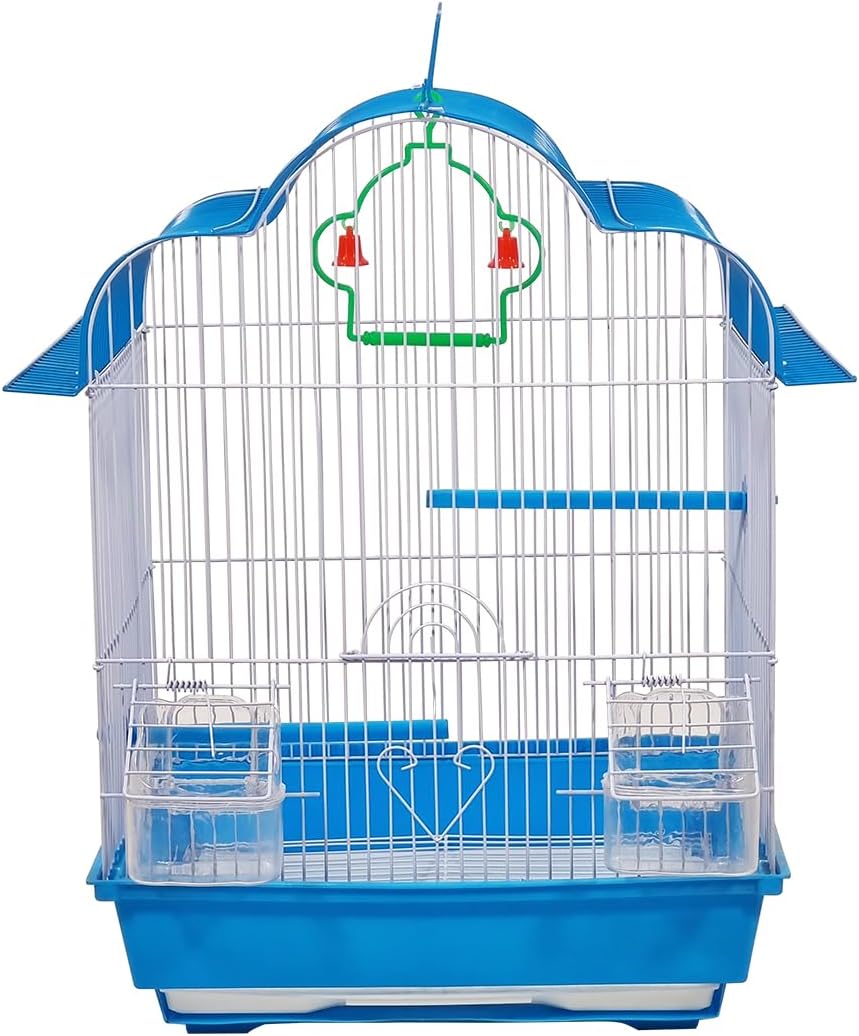 Birdcage with Portable handle, Multiple perches, Plastic feeding cups, and Removable tray, Durable metal wire bird cage for small-sized birds, Easy to assemble 51 cm (Blue)