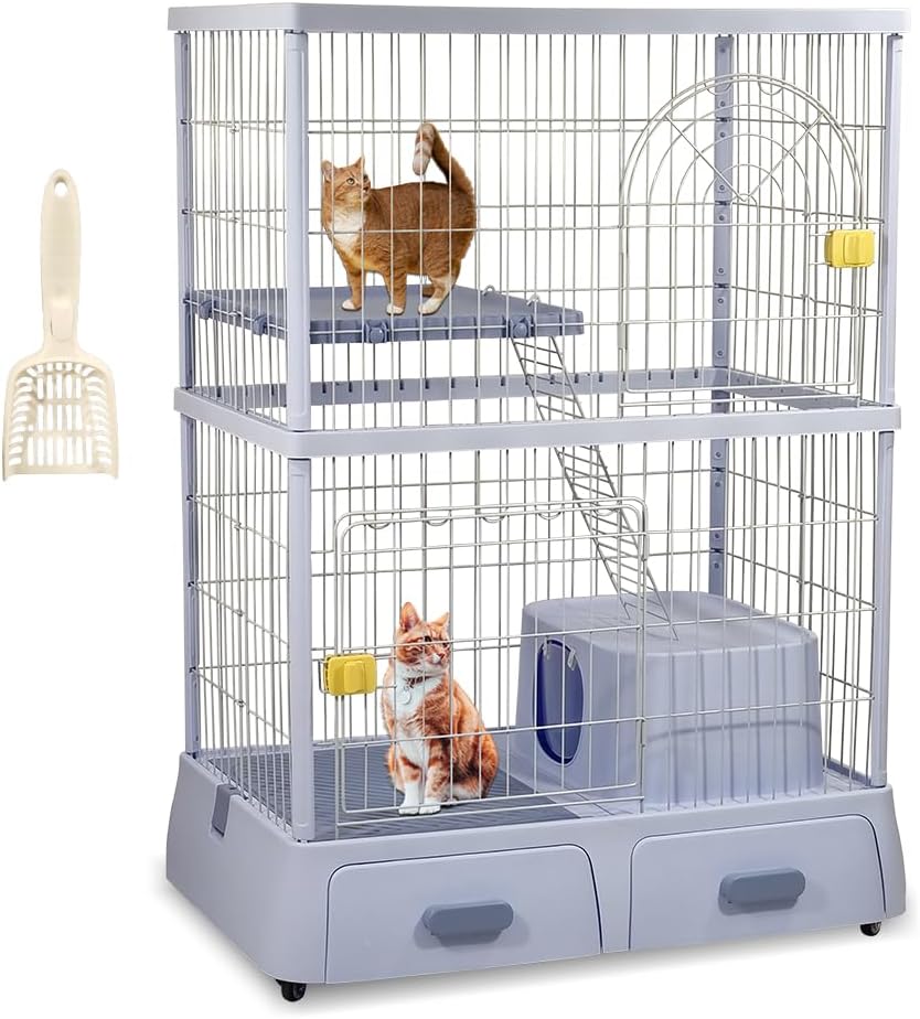 Cat cage enclosure with 2 Lockable doors, Wide platform, Climbing ladder, Litterbox area, and Universal wheels, Durable metal wire cat cage for indoor/outdoor use, Easy to assemble 130 cm (Blue)