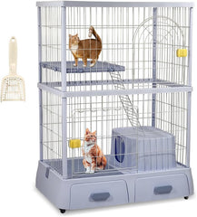 Cat cage enclosure with 2 Lockable doors, Wide platform, Climbing ladder, Litterbox area, and Universal wheels, Durable metal wire cat cage for indoor/outdoor use, Easy to assemble 130 cm (Blue)