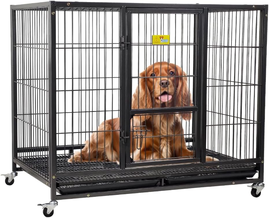 Large Dog Cage Indoor & Outdoor Use - 110 cm Heavy Metal Dog Crate with Lockable Door, Feeding Door, Removable Tray & Universal Wheels - Sturdy Metal Pet Cage (Black, Large)