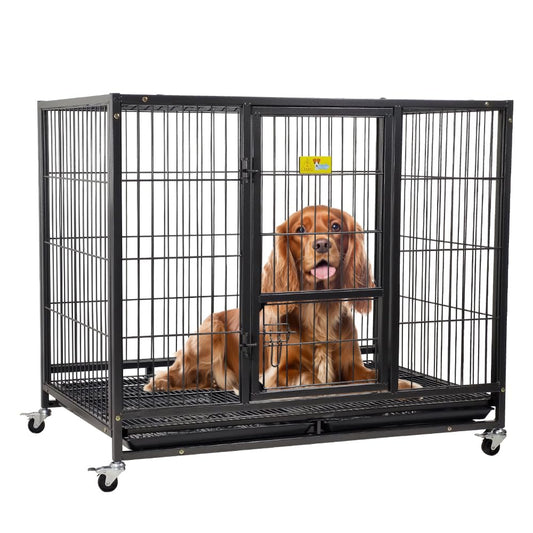 Sturdy metal Dog cage with Lockable door, Feeding door, Removable tray, and Universal wheels, Heavy-duty dog crate cage kennel for Medium to Large breeds, Easy to assemble, 110cm (Black)