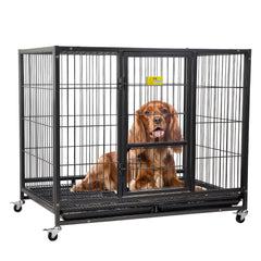 Sturdy metal Dog cage with Lockable door, Feeding door, Removable tray, and Universal wheels, Heavy-duty dog crate cage kennel for Medium to Large breeds, Easy to assemble, 110cm (Black)