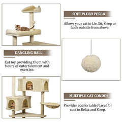 183cm Cat Tree Tower Indoor - Sisal Scratching Post with Soft Perches - Cozy Cat Condos & Bottom Cat Nest - Tall Cat Tree Activity Center for Big Cats to Climb & Relax (Beige)