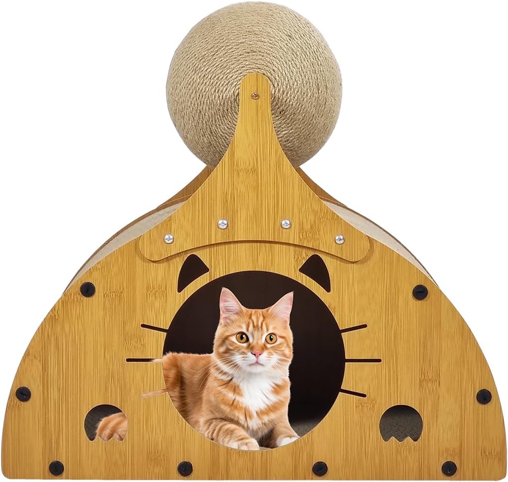Wooden cat scratcher, Durable 2-in-1 cat scratcher & bed with Corrugated cardboard, Scratching ball, and Sturdy MDF Material, Suitable for Scratching, Playing, and Sleeping 50 cm (Brown)