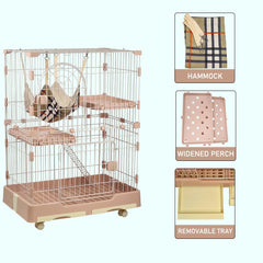 NNC PETS Large Cat Cage Indoor with Cozy Hammock - 2-Tier Metal Wire Cat Crate with 2 Lockable Doors - Climbing ladder, Removable Tray & Universal Wheels - Easy Assembly, 102 cm (Pink, Medium)