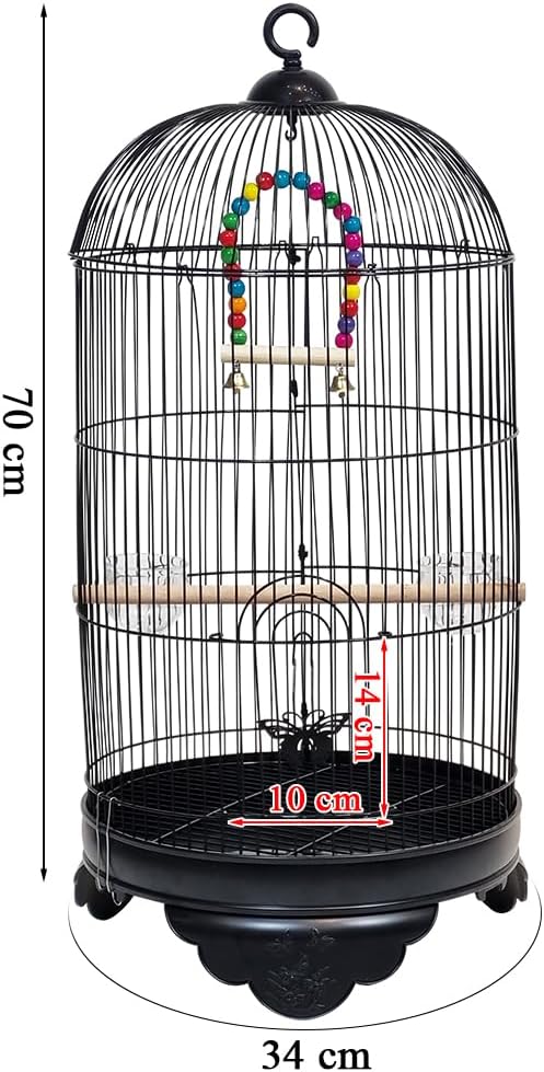 Metal Bird Cage with Durable, Hanging Hook, Feeders and Play Toy, 70 cm Spacious Indoor Bird House For Parrots, Budgies and Small Birds, Portable and Easy to Carry for Outdoor Activity (Black)