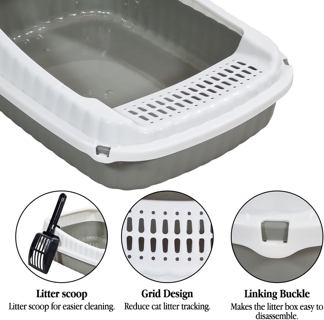 Semi-enclosed Cat litter box for Small-sized cats, Odor control plastic kitten toilet with Litter scoop, Grid design, Lightweight, and Raised fence, Detachable for easy cleaning, 37 cm (Grey)