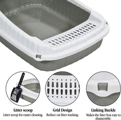 Semi-enclosed Cat litter box for Small-sized cats, Odor control plastic kitten toilet with Litter scoop, Grid design, Lightweight, and Raised fence, Detachable for easy cleaning, 37 cm (Grey)