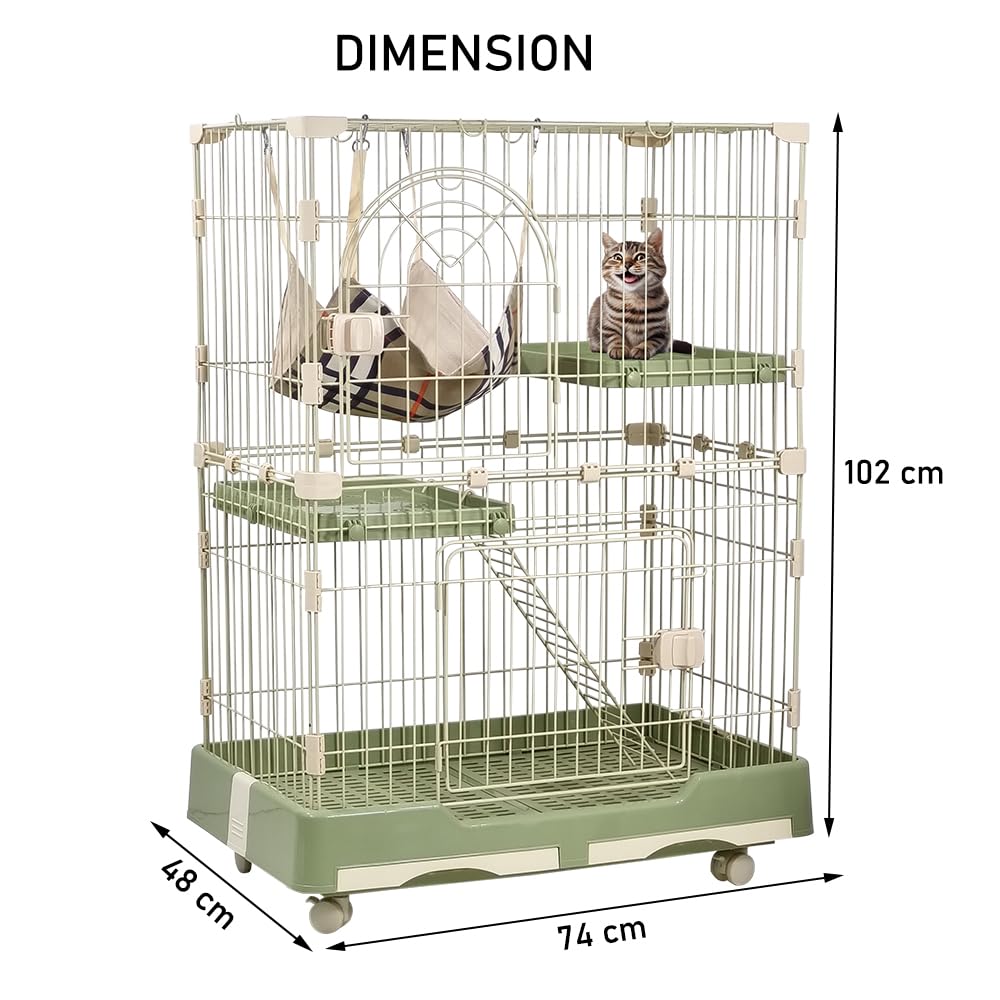 NNC PETS 2-Tier Cat Cage Indoor - Metal Wire Cat Crate Playpen Kennel with 2 Lockable Doors, Climbing ladder, Removable Tray &b Universal Wheels - Easy Assembly, 102 cm(Green, Medium)