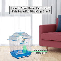 Birdcage with Portable handle, Multiple perches, Plastic feeding cups, and Removable tray, Durable metal wire bird cage for small-sized birds, Easy to assemble 51 cm (Blue)