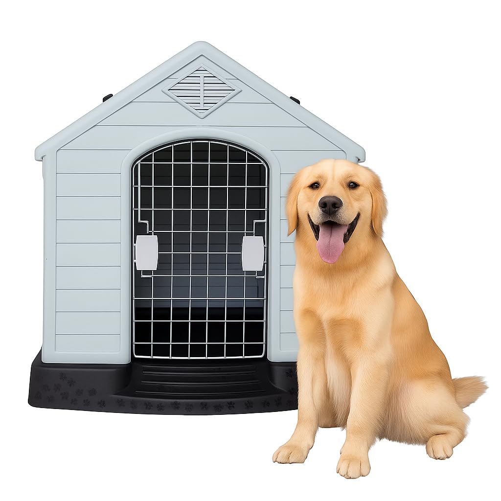 Dog House Outdoor & Indoor Use | Plastic Durable Waterproof & Weatherproof Designed Dog Home | All-Season Shelter with Air Vents, Lockable Door & Elevated Floor, Easy To Assemble (Grey, 70cm)