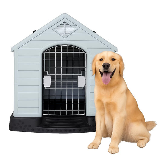 Dog House Outdoor & Indoor Use | Plastic Durable Waterproof & Weatherproof Designed Dog Home | All-Season Shelter with Air Vents, Lockable Door & Elevated Floor, Easy To Assemble (Grey, 70cm)