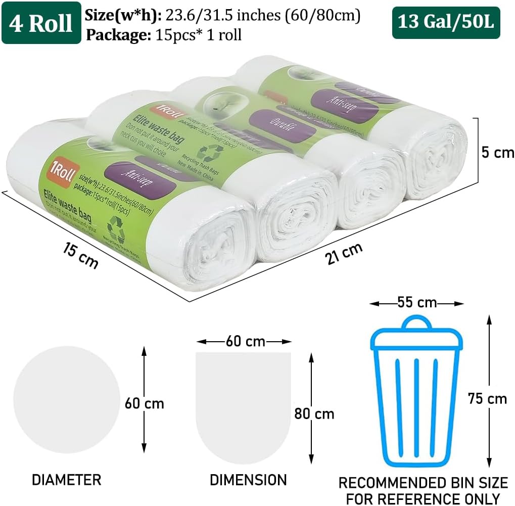 Biodegradable trash bags, heavy-duty Leak-proof trash bags with Corn starch based, 13Gal/50L Capacity disposable waste bag for Living room, Office, Bathroom, and Kitchen use (4Pcs)