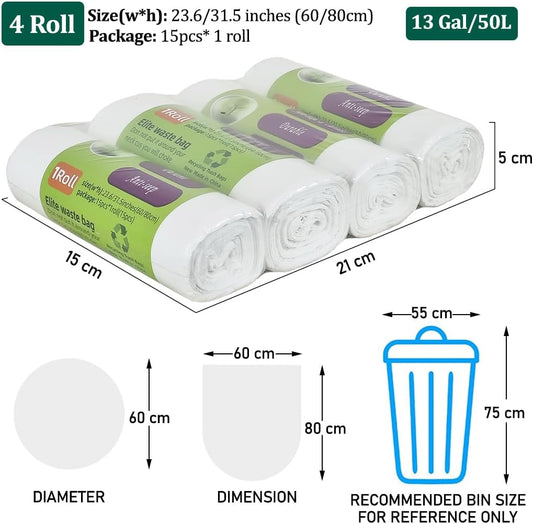 Biodegradable trash bags, heavy-duty Leak-proof trash bags with Corn starch based, 13Gal/50L Capacity disposable waste bag for Living room, Office, Bathroom, and Kitchen use (4Pcs)