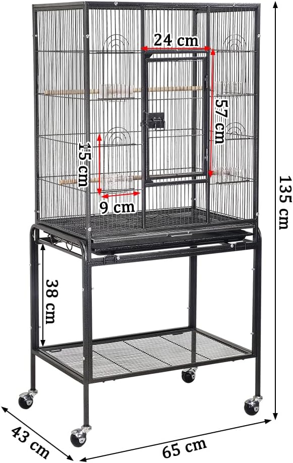Bird Cage for Small to Medium-Sized Birds - Bird House & Parrot Cage - Detachable Rolling Stand, Wooden Perches, Feeding Cups, Slide-Out Tray, Storage Shelf, and Universal Wheels - 135 cm