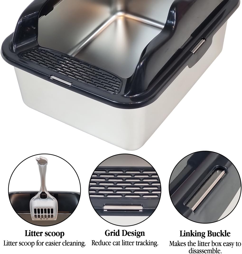 Stainless steel cat litter box with Scoop, Anti-splash design, Grid design, Non-stick, and Odor resistant, Open top kitty toilet for Indoor cats & kittens, Easy to clean
