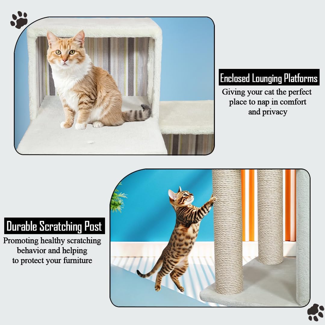 Cat tree with Step design, Soft plush cover, Cat condo and Scratching posts, 96 cm Multi-level cat tower for Indoor cats, Cat climbing furniture and Space saving cat tree (Beige)