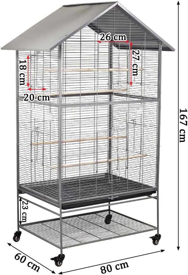 Bird cage for Medium to Large-sized birds, Durable house-roof design bird cage with Wooden perches, Feeding cups, Slide-out tray, Storage shelf, and Universal wheels 167 cm (Grey)