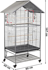 Bird cage for Medium to Large-sized birds, Durable house-roof design bird cage with Wooden perches, Feeding cups, Slide-out tray, Storage shelf, and Universal wheels 167 cm (Grey)