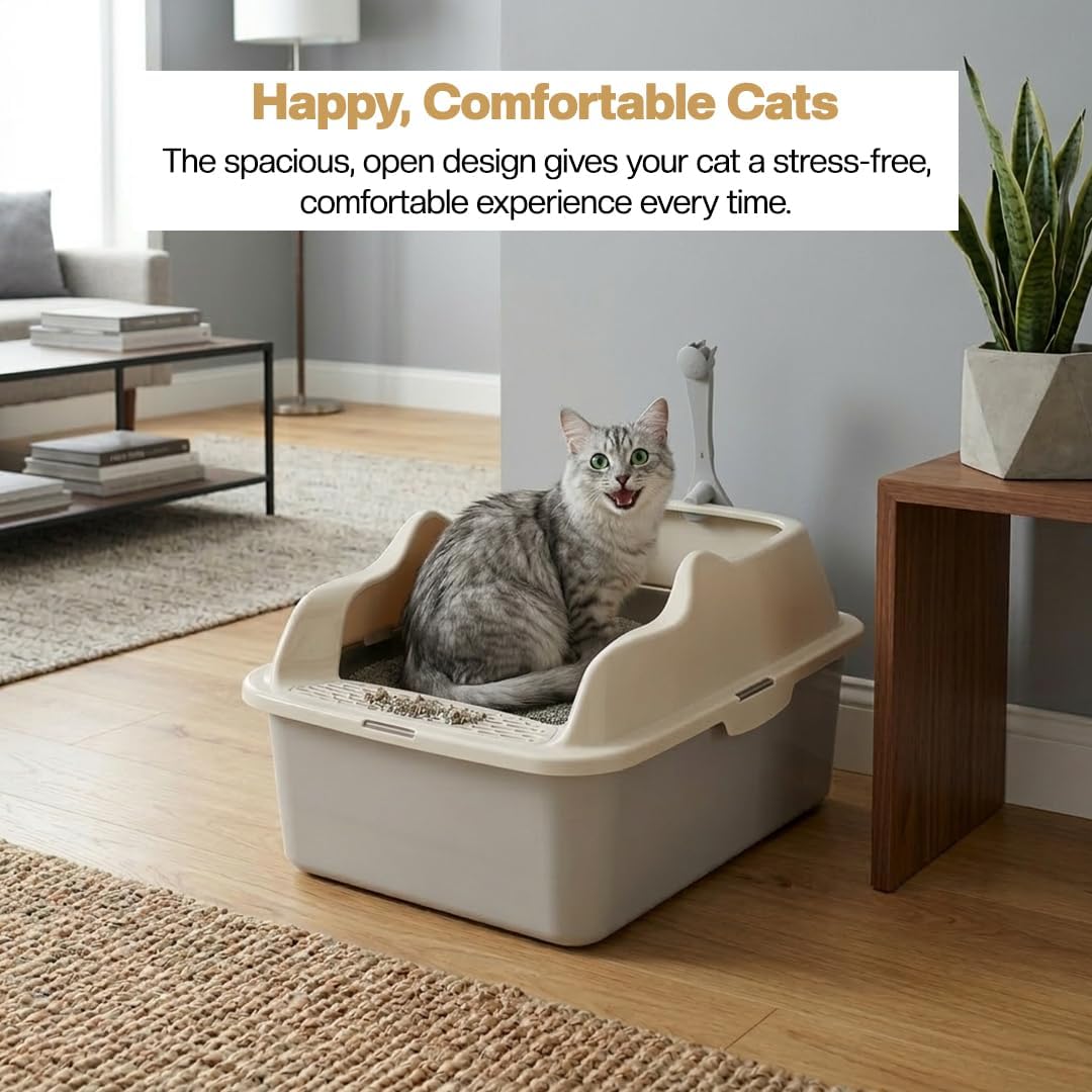 Stainless steel cat litter box with Scoop, Anti-splash design, Grid design, Non-stick, and Odor resistant, Open top kitty toilet for Indoor cats & kittens, Easy to clean