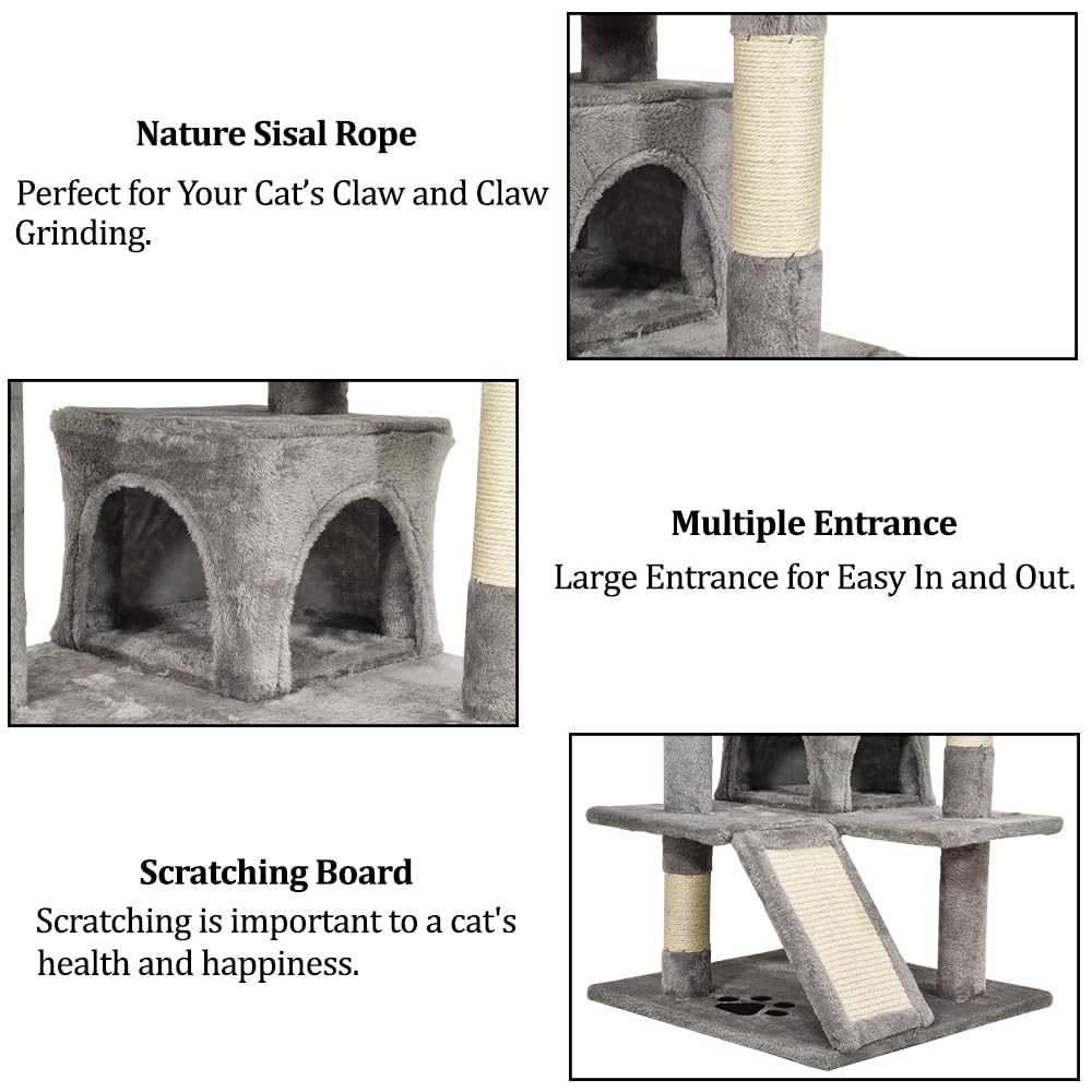 Cat Tree for Big Cats - 140cm Cat Tower House with Multiple Peaches - Cat Condos - Sisal Cat Scratching Post - Dangling Ball - Premium Pet Tree - Durable & Easy Assembly (Grey)