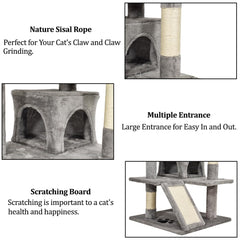 Cat Tree for Big Cats - 140cm Cat Tower House with Multiple Peaches - Cat Condos - Sisal Cat Scratching Post - Dangling Ball - Premium Pet Tree - Durable & Easy Assembly (Grey)