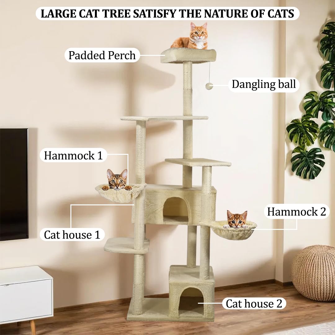 Cat Tree Indoor - 190cm Cat Tower House with Padded Perch - Cat Scratching Post with Double Perches -  Cozy Cat Condos & Dangling ball - Ideal for Indoor Cats and Kittens (Beige)