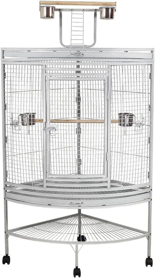 Large bird cage with Play-top area, Wooden perches, Stainless steel food cups, Slide-out tray, Storage shelf, and Universal wheels, Spacious and Durable bird cage for Parrots 170 cm (Grey)