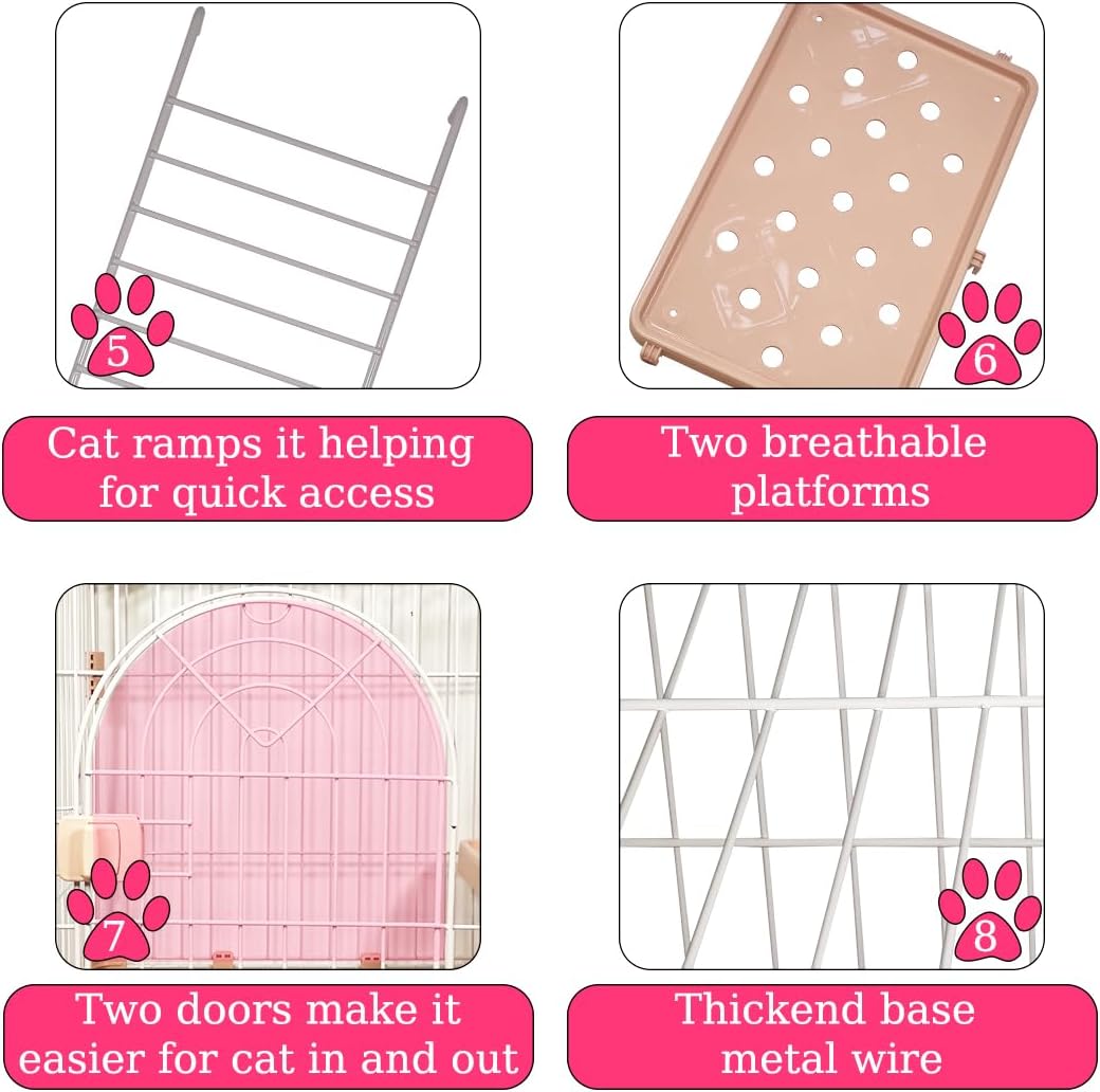 Cat cage with 2-Tier design, Wide platforms, 2 Lockable doors, and Climbing ladder, Durable metal wire pet cage for Indoor cats & kittens, Ideal for indoor/outdoor use, Easy to assemble 88 cm (Pink)