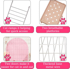 Cat cage with 2-Tier design, Wide platforms, 2 Lockable doors, and Climbing ladder, Durable metal wire pet cage for Indoor cats & kittens, Ideal for indoor/outdoor use, Easy to assemble 88 cm (Pink)