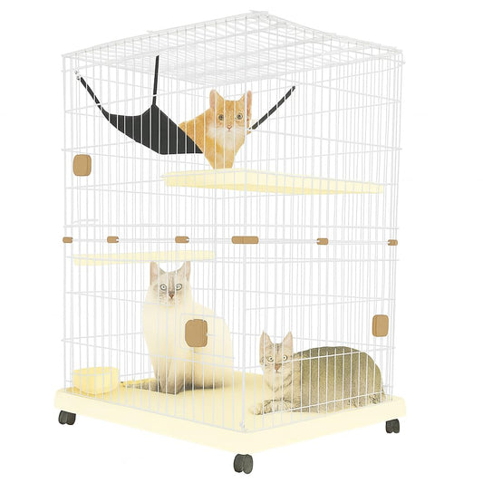 Cat Cage Kennel with 2-lockable Doors - 2-Tiier Metal Wire Pet Cat House Playpen for Indoor Cats - Cozy Hammock, Climbing Ladder, Drawer Tray & Universal Wheels, Easy Assembly (Beige, 115 cm)