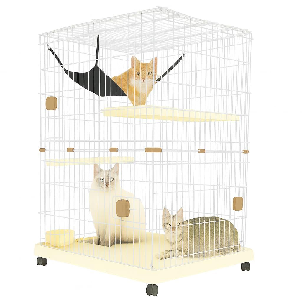 NNC PETS Cat Cage Kennel with 2-lockable Doors - 2-Tiier Metal Wire Pet Cat House Playpen for Indoor Cats - Cozy Hammock, Climbing Ladder, Drawer Tray & Universal Wheels, Easy Assembly (Beige, 115 cm)