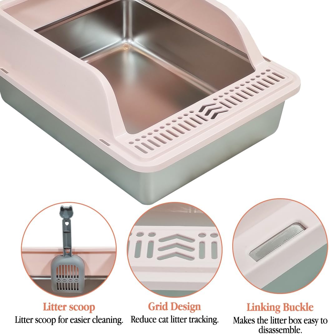 Semi-enclosed stainless steel cat litter box with a Litter scoop, Grid design, and High wall side cover, Durable litter box for Indoor cats, Detachable design for easy cleaning, 50 cm