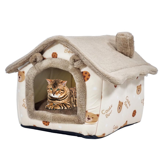 House-shape cat bed with Removable cushion, Foldable design, Soft PP material, and Non-skid bottom, Soft polyester pet house for cats and small dogs, Ideal for indoor/outdoor use, 45 cm (Brown)