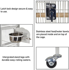 Bird Cage - Wrought Iron Stainless Steel with Storage Shelves White Lovebirds Cage and 4 Feeding Bowls - 160 cm | Toy Hooks above the Top Bird Perch | Perch for Birds | Food Container