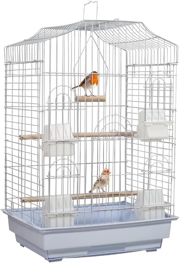 Bird cage for Budgies, Lovebirds, Finches, and Other small birds, Spacious and durable bird cage with Portable handle, Multiple perches, Feeding cups, and Removable tray 79 cm (White)