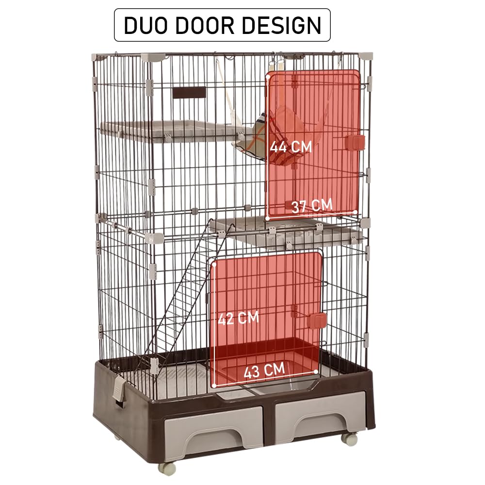 Cat cage playpen for Multi-cat household, 3-tier cat cage with Cozy hammock, Wide platform, Climbing ladder, Build-in litter box, and Universal wheels, Ideal for indoor/outdoor use 133 cm (Chocolate)