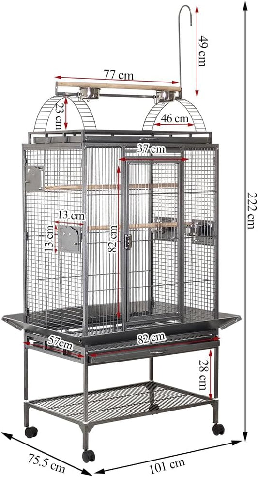 Large bird cage with Play Top, Metal wire, Feeding steel cups, Wooden perches, and Hanging bird toys, Indoor-Outdoor cage, Parrot Cage with Mesh Shelf, Pull-out tray, and Rolling Stand 222 cm (Black)