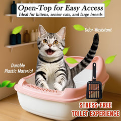 Anti-splash cat litter box with Enclosed design, Easy to clean, Durable plastic material and Removable, Cat Litter Pan with Scoop, Portable, Large size, High fence, and All size cats