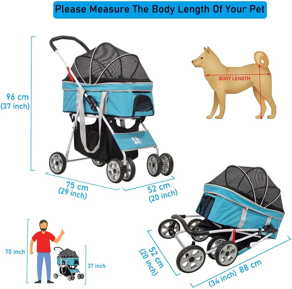 Dog Stroller | Pet Stroller for Cats & Dogs with Adjustable Canopy & Spacious Interior | Lightweight & Foldable | Storage Bag and Universal Wheels | Travel & Outdoor Cat Stroller 96 cm (Blue)