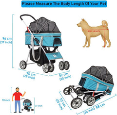 Dog Stroller | Pet Stroller for Cats & Dogs with Adjustable Canopy & Spacious Interior | Lightweight & Foldable | Storage Bag and Universal Wheels | Travel & Outdoor Cat Stroller 96 cm (Blue)