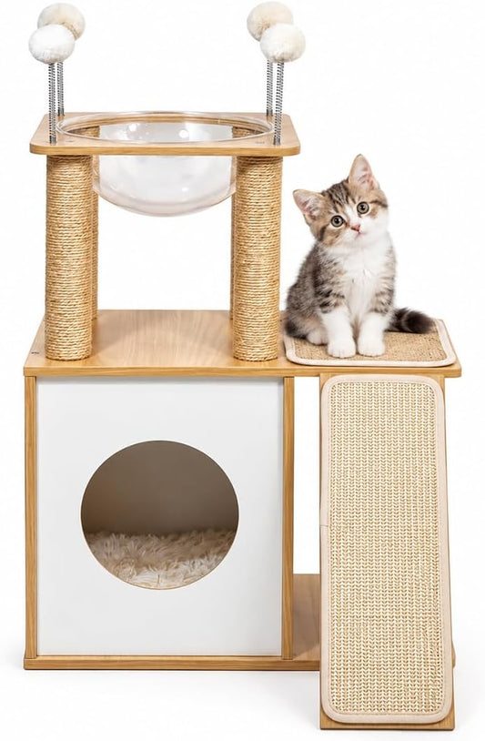 Cat Tree Tower with Transparent Bubble Bed, 88 cm Wooden Cat Condo, Sisal Scratching Posts, Scratching Ramp and Hanging Pom-Pom Toys for Indoor Cats, (Beige)